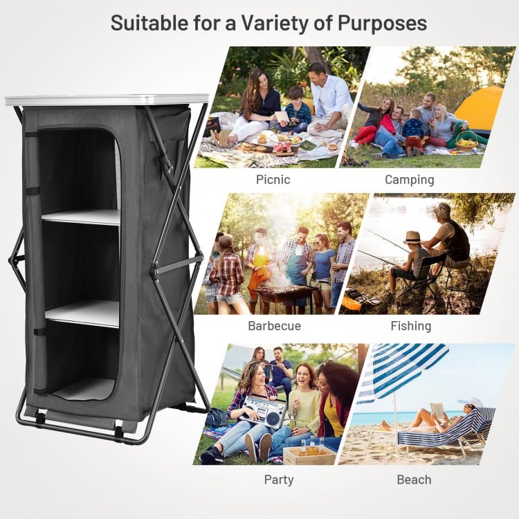 Folding camping storage cabinet with 3 shelves, waterproof oxford cloth, ideal for picnics, barbecues, and outdoor.